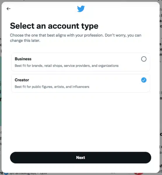 Twitter Select Account Type