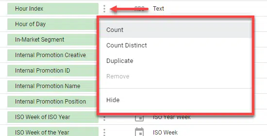 Data Source Field Menu