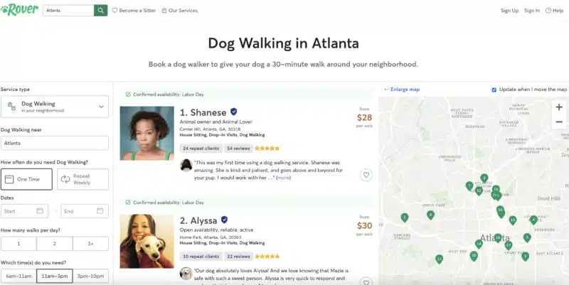 Rover.com landing page - Dog Walking in Atlanta