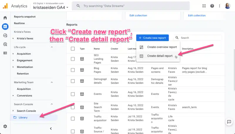 Steps for creating an SEO landing page report in GA4.