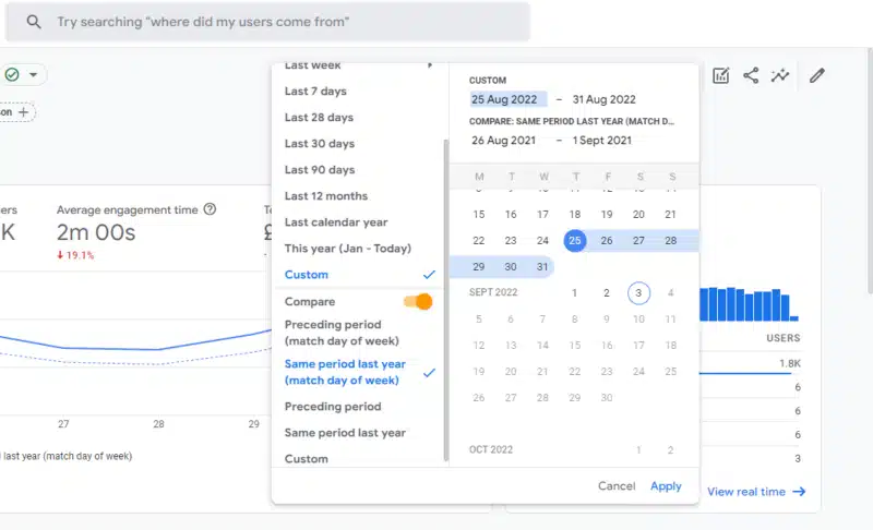 Picture shows where in GA4 you can drop-down the custom date option and Compare: Same period last year (match day of week) is the second pre-set option.