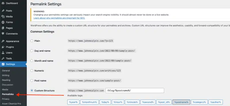 WordPress permalink settings.