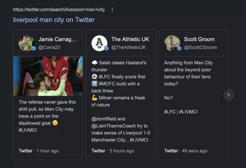 "liverpool man city" SERPs - Twitter carousel
