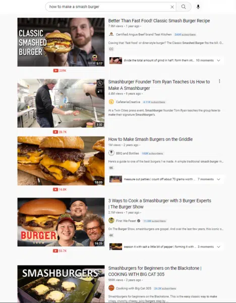 "how to make a smash burger" YouTube video search results