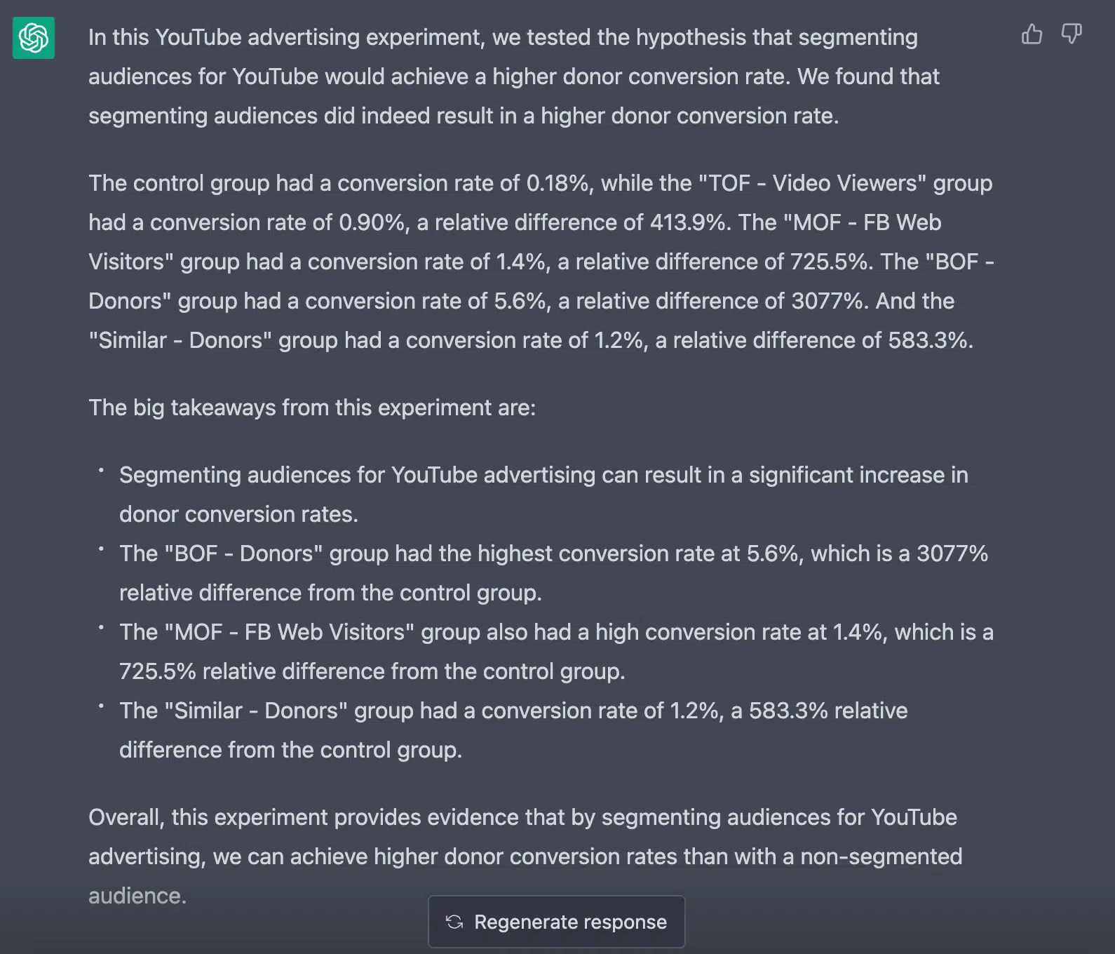 ChatGPT prompt for generating an experiment summary