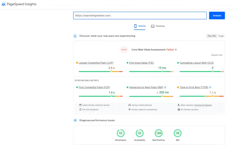 Screenshot of PageSpeed Insights for Search Engine Land.