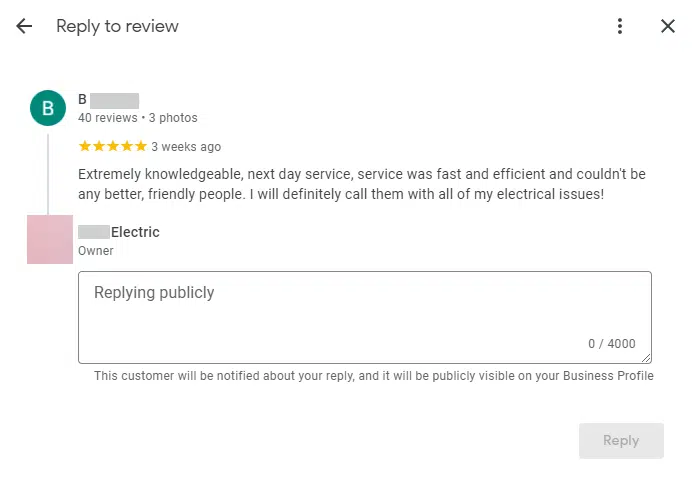 Reply to review after clicking on review notification card