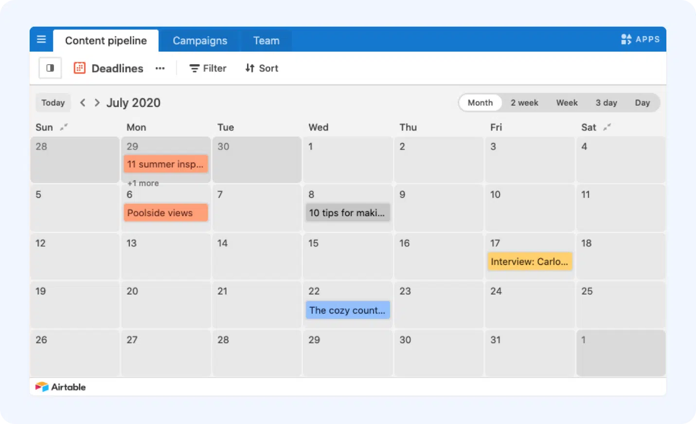 An example of a content calendar using Airtable