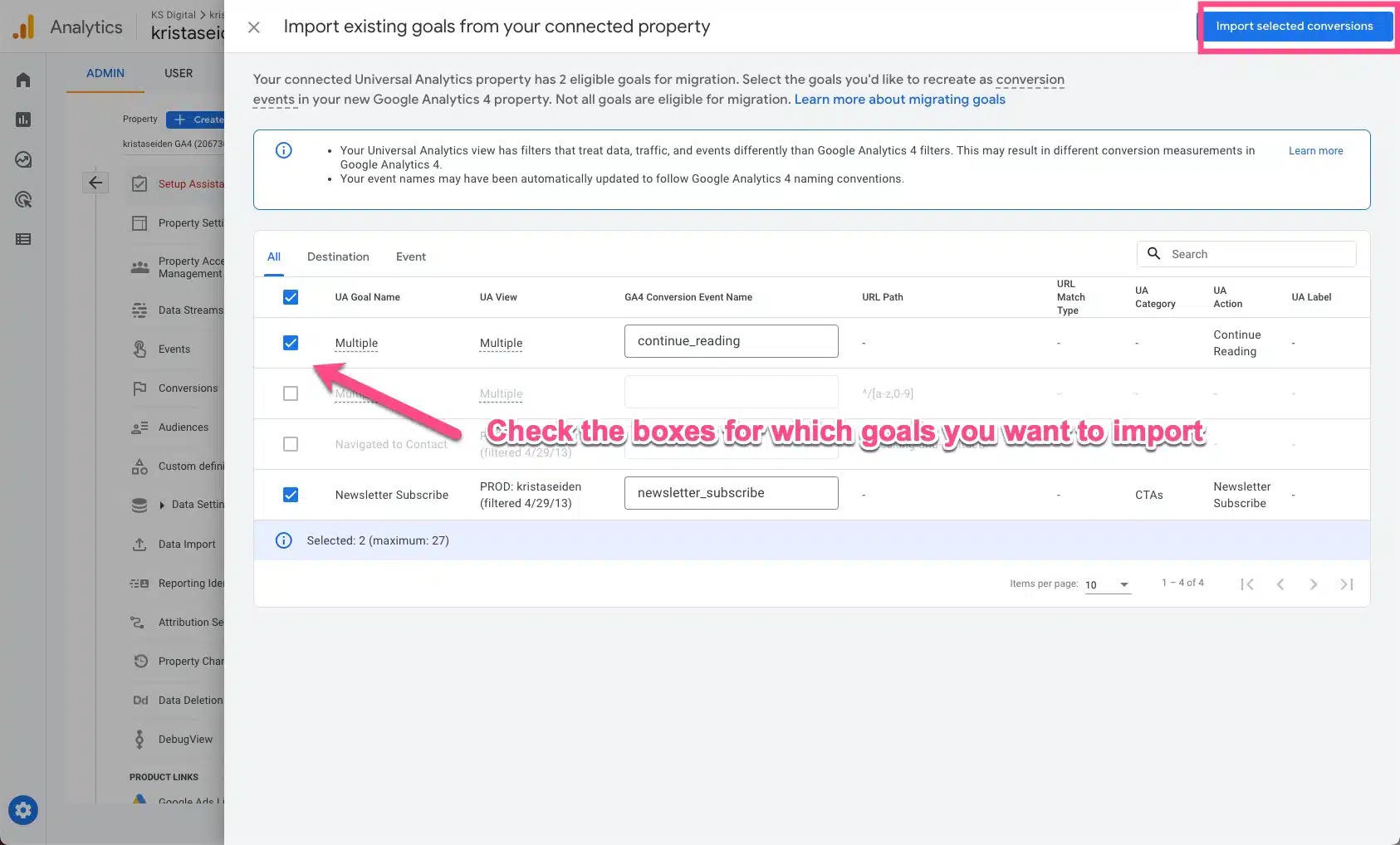 GA4 import existing goals