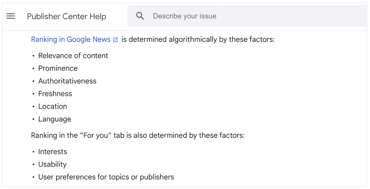 Google News - Ranking documentation
