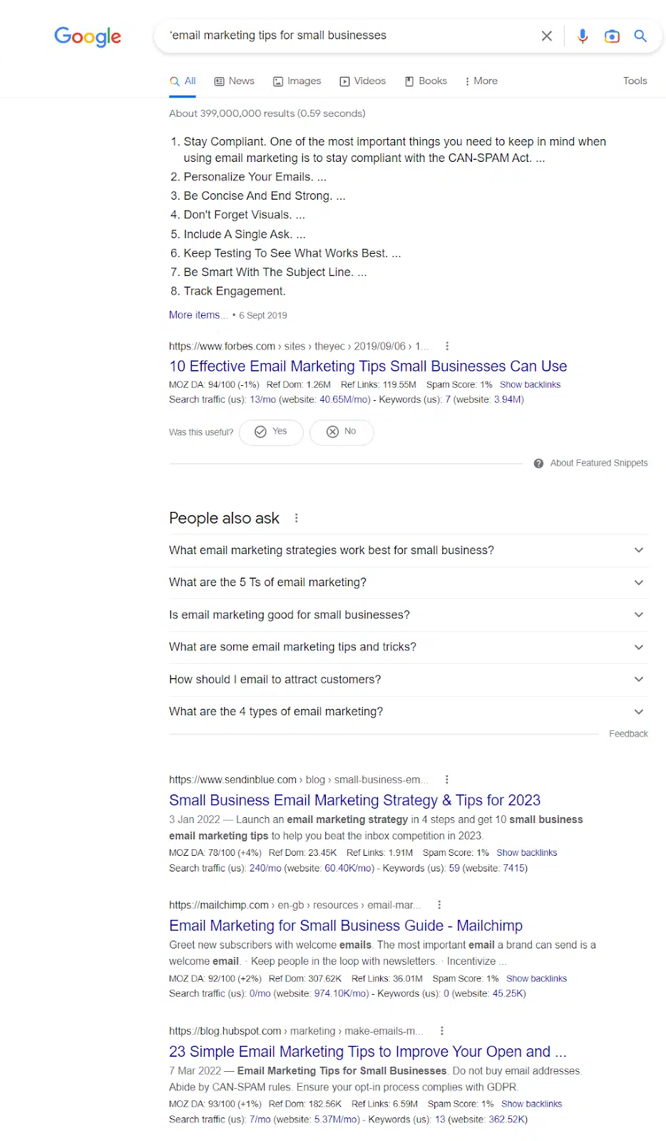 SERPs for the keyword "email marketing tips for small businesses" shows listicles and guides only.