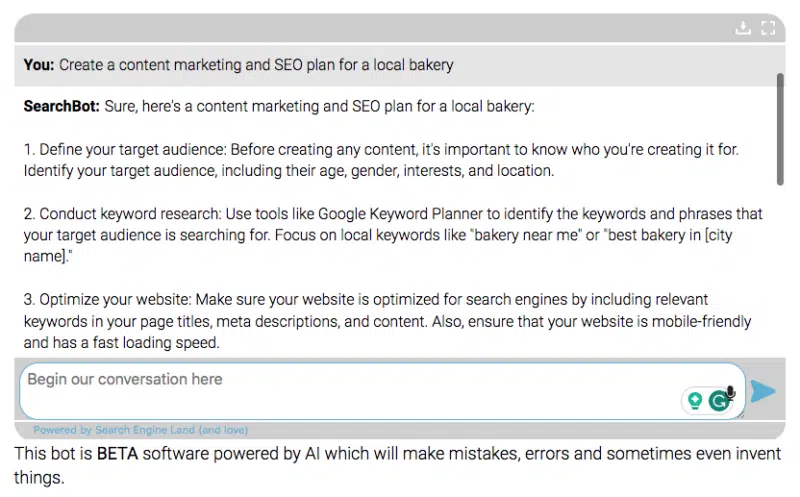 Chatbot Seo Content Marketing Plan Bakery