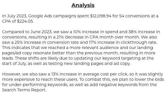 Sample PPC report analysis