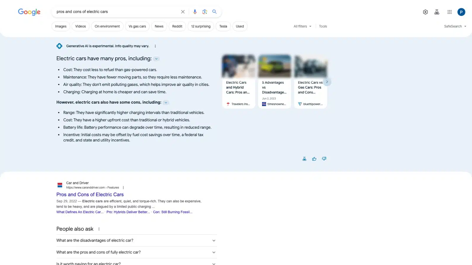 A screenshot of a SERP for the query "pros and cons of electric cars". The SGE response is formatted differently and both pros and cons are immediately visible.