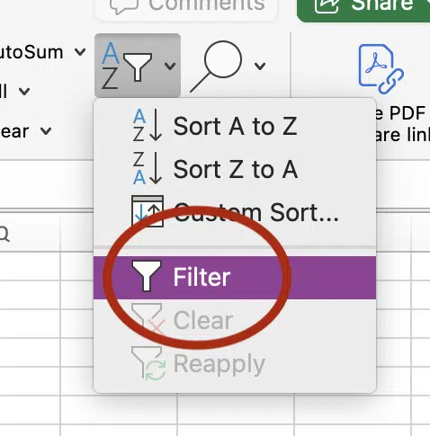 Filter spreadsheet