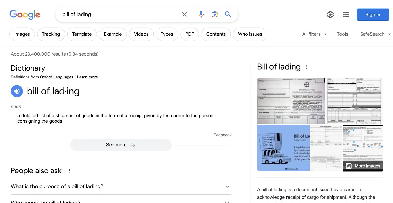 Bill of lading Google SERPs
