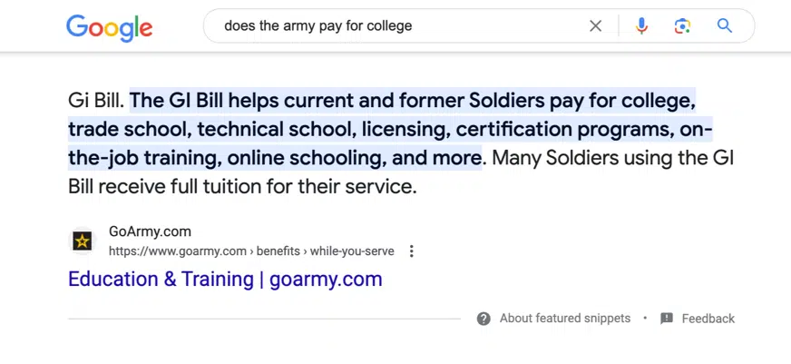 Featured snippet - GoArmy