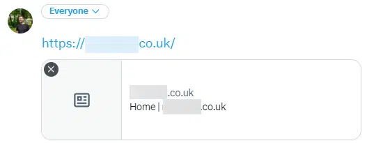 Highlighting what sharing a link looks like if no OpenGraph or Twitter card tags are defined – pretty ugly, but at least it’s clearly a link.