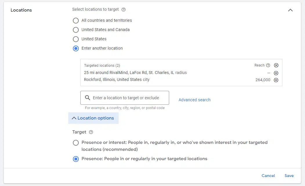 Google Ads - Location targeting options