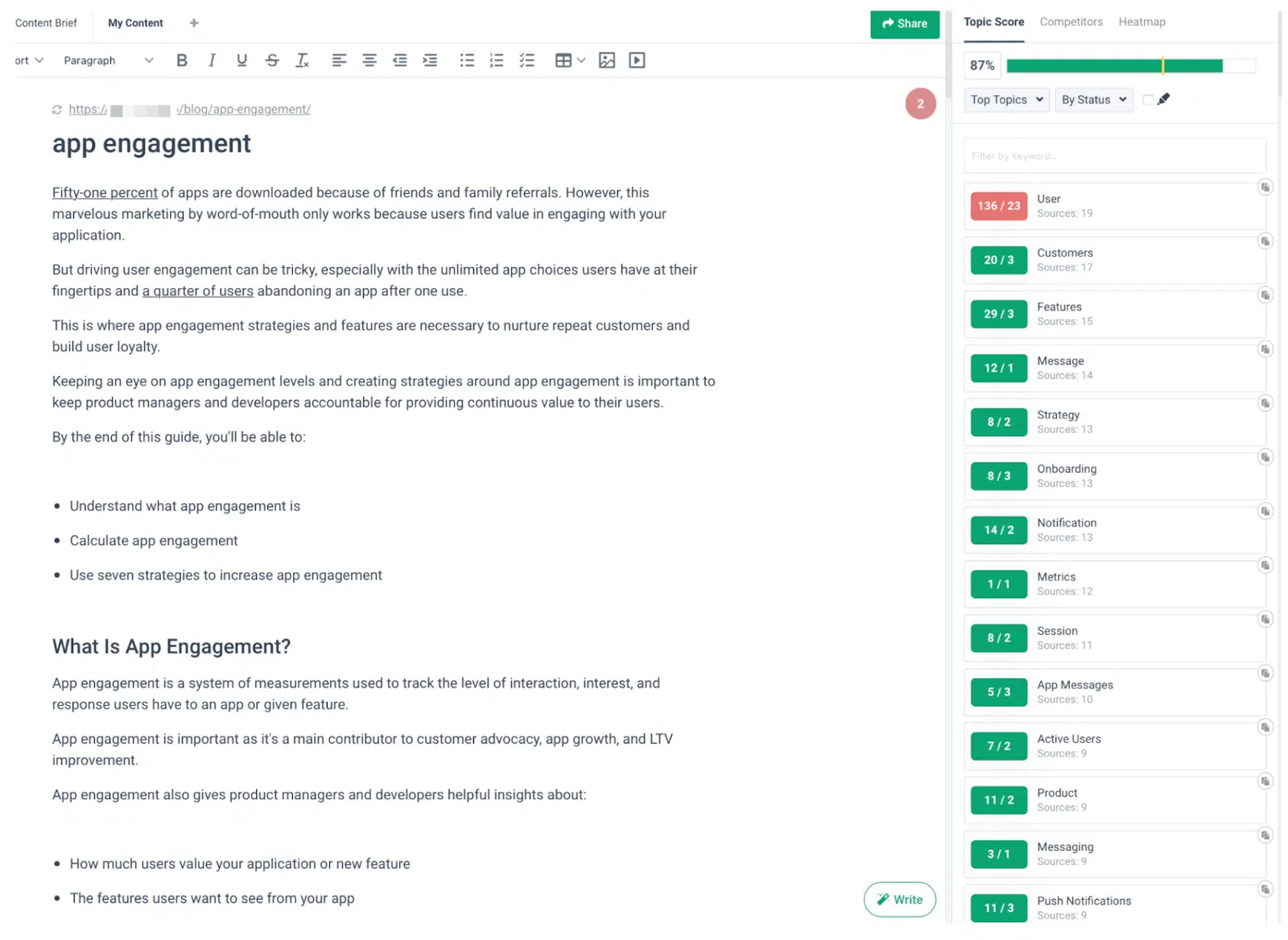 app engagement - topic score