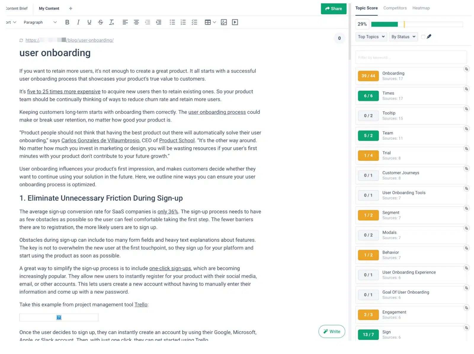 user onboarding - topic score