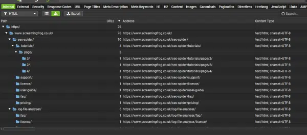 ScreamingFrog - Internal tab directory tree