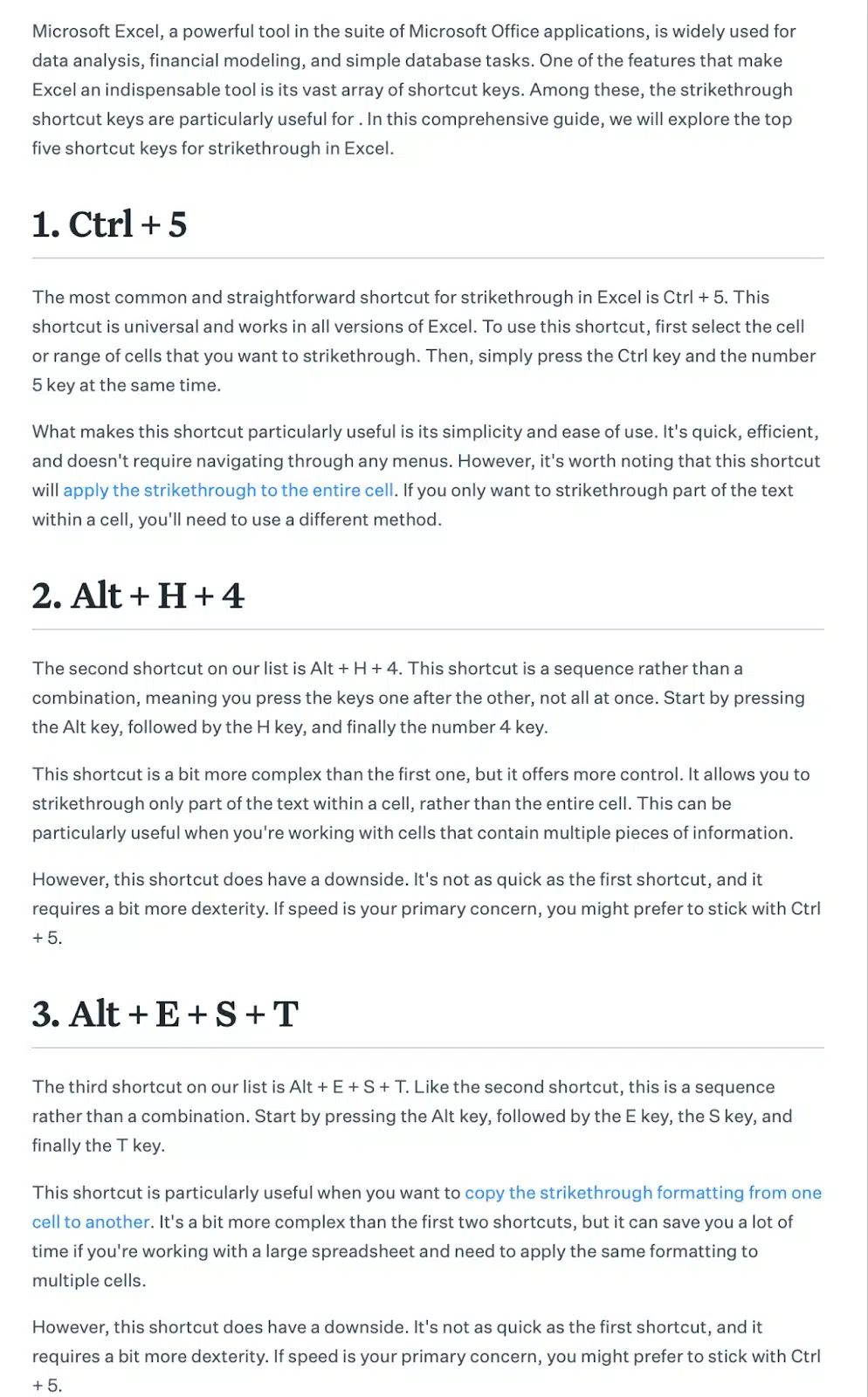 Text-only article on Excel shortcuts