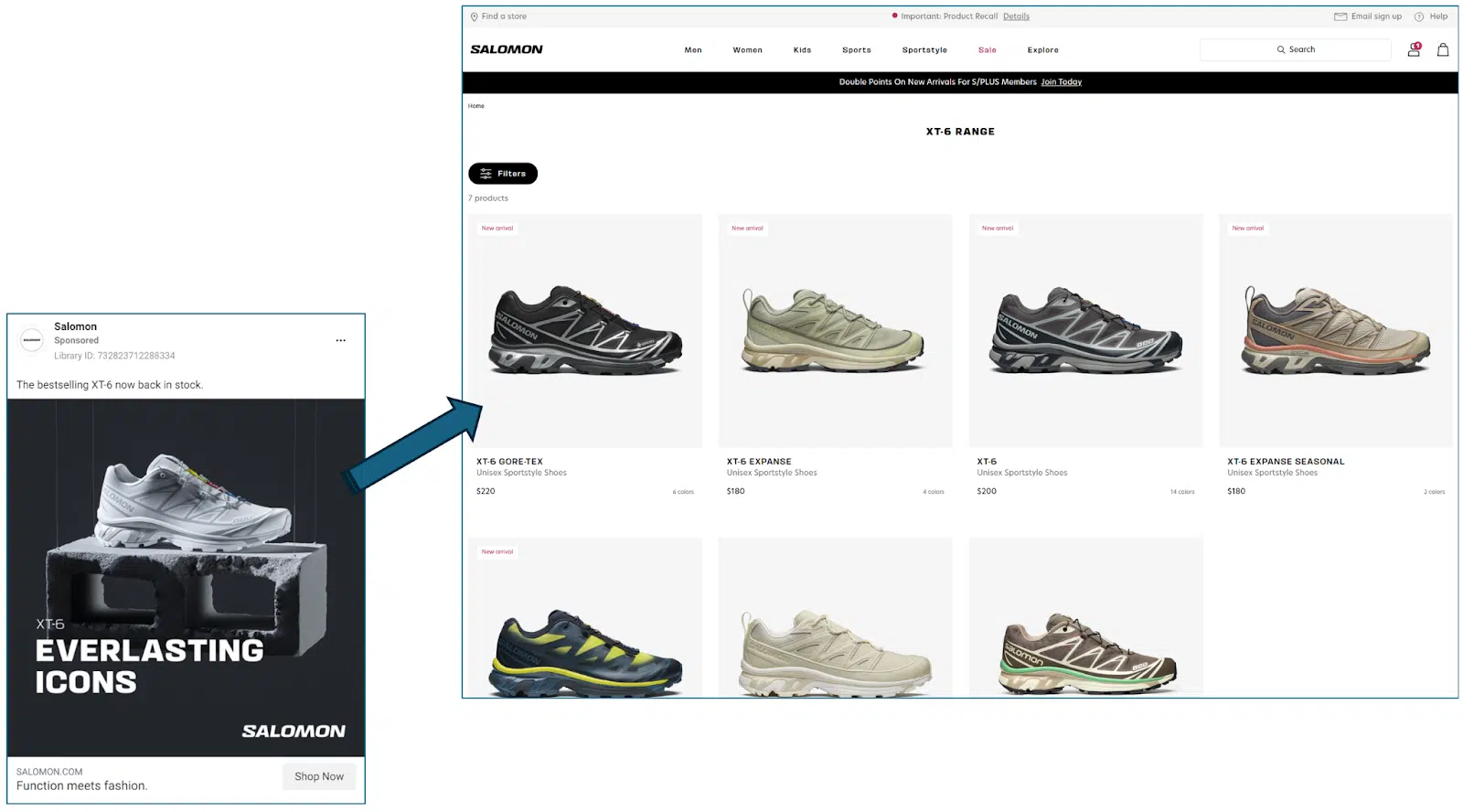 A Salomon Meta Ads and landing page in the U.S., March 2024.