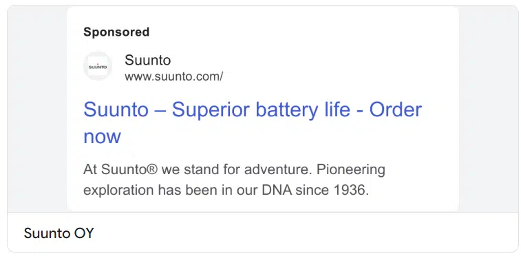 A Suunto Google Ads ad focusing on battery life in the U.S., March 2024.