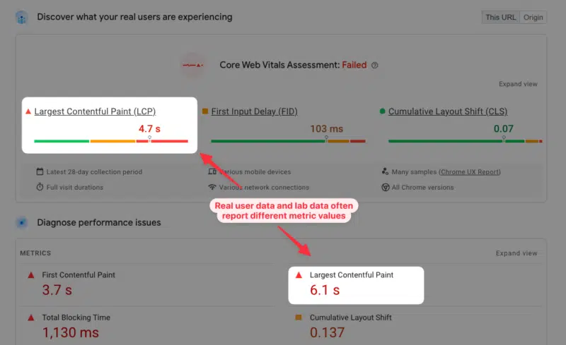 Real user Core Web Vitals data and Lighthouse lab data in PageSpeed Insights