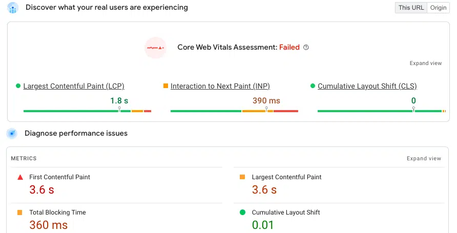 PageSpeed Insights result with field data and lab data