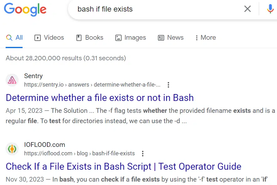 SERPs with hidden gem for 'bash if file exists'