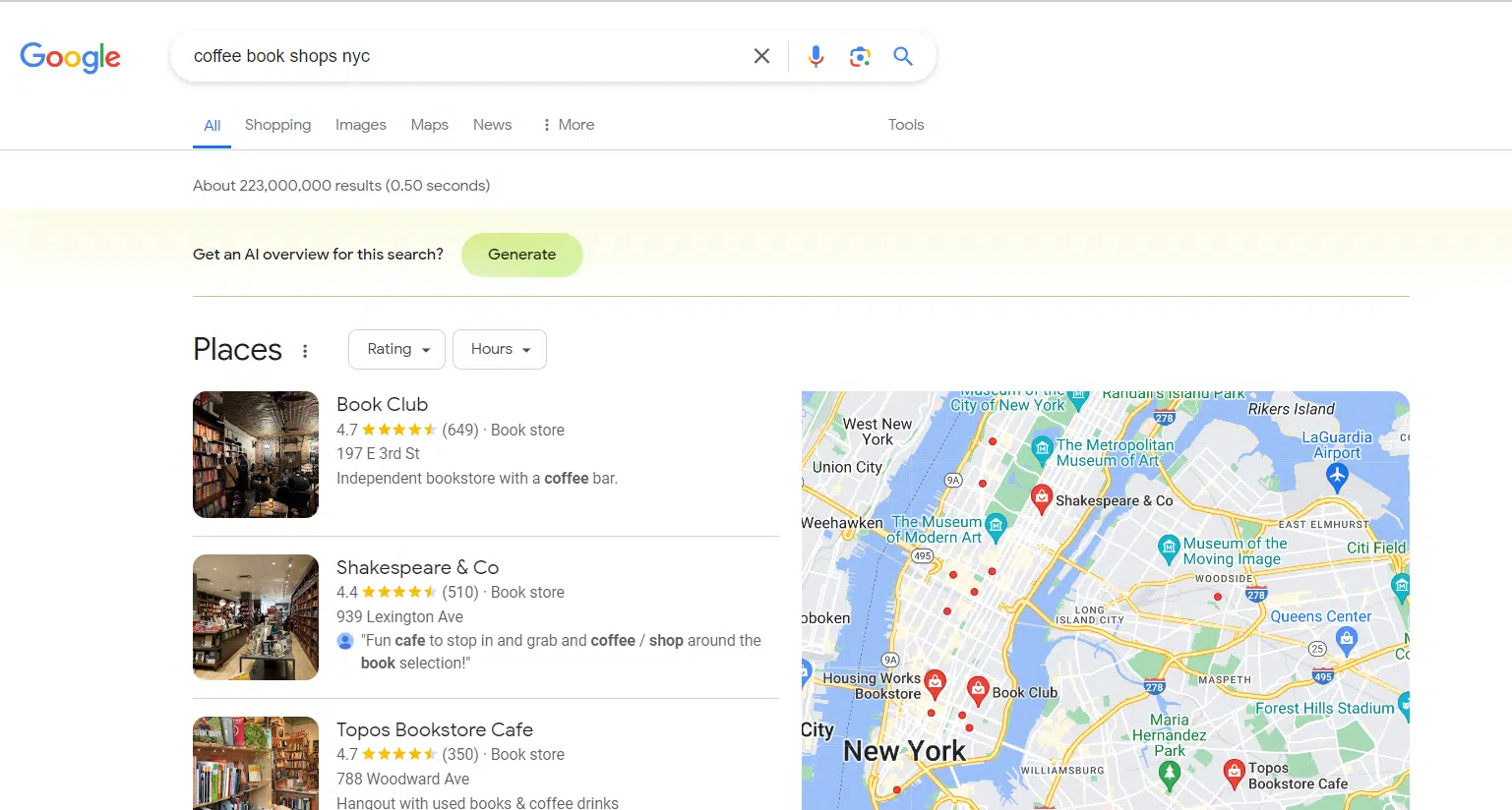 Coffee book shops NYC - local map pack results