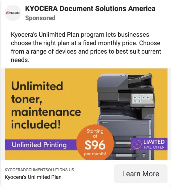 Sample Meta Facebook ad - Kyocera