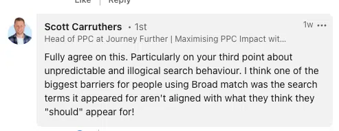 Scott Carruthers LinkedIn comment on negative keywords