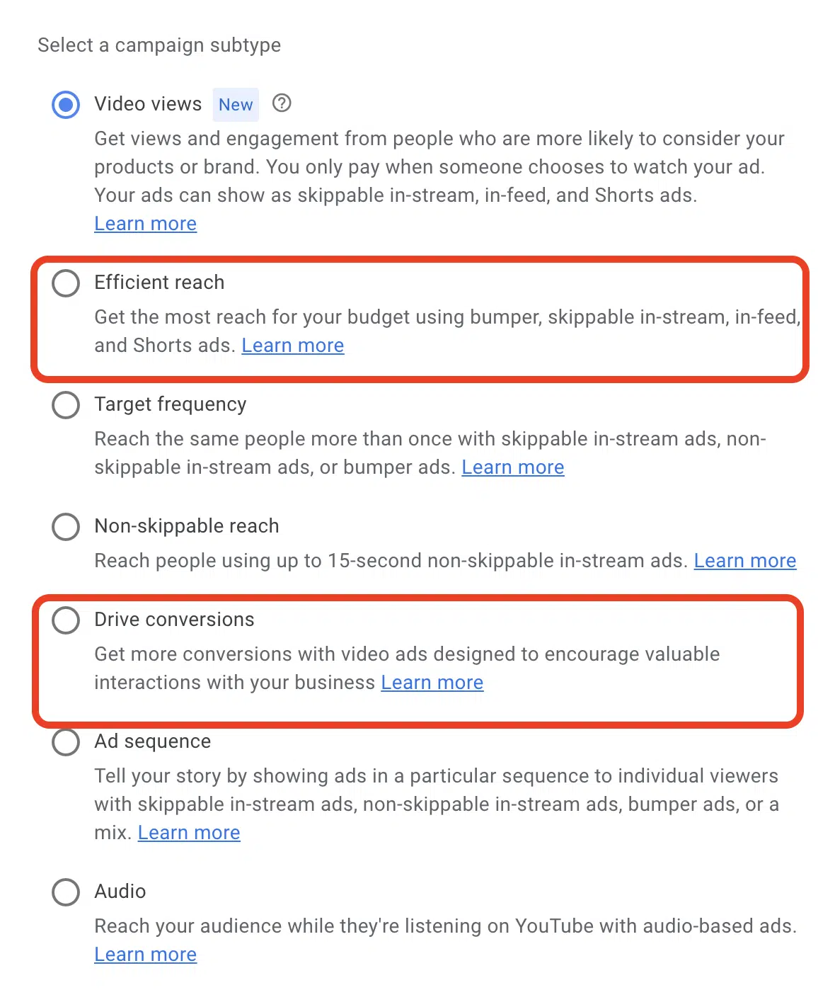 YouTube Ads campaign subtype options