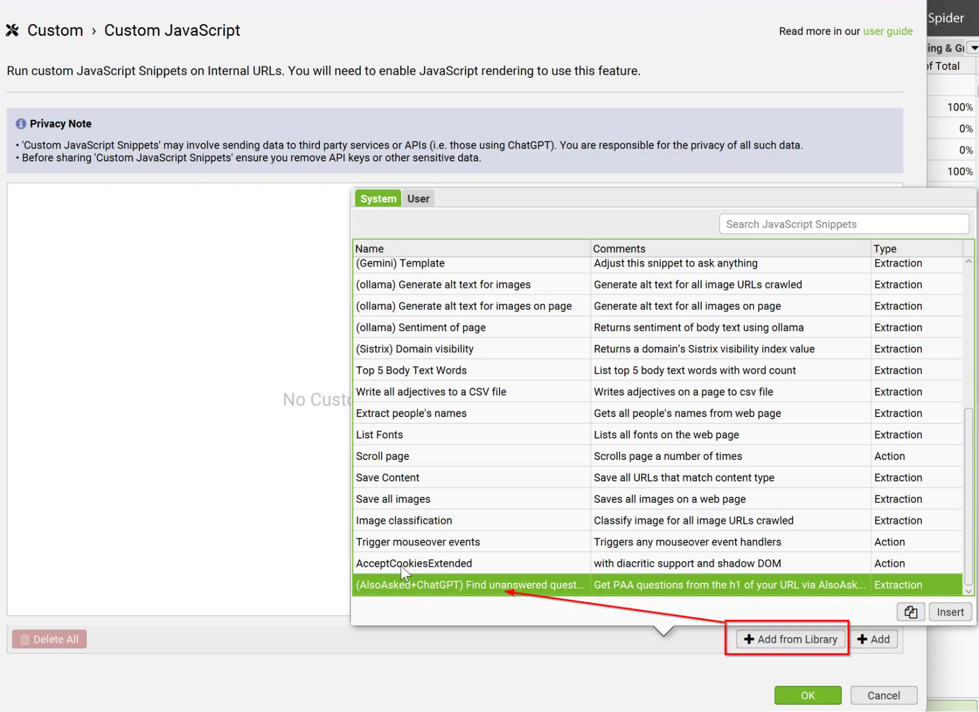 Screaming Frog Custom Javascript Options