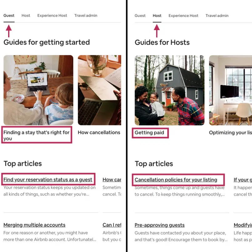 Airbnb getting started guides for different segments