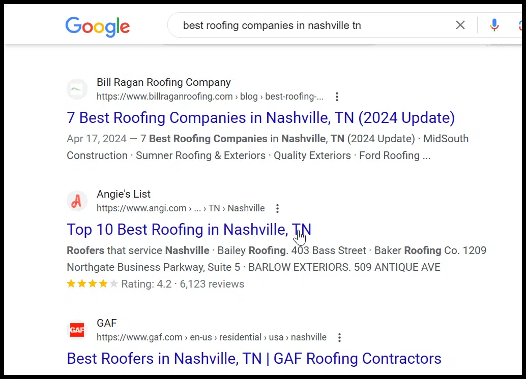 Best roofing companies in Nashville SERPs