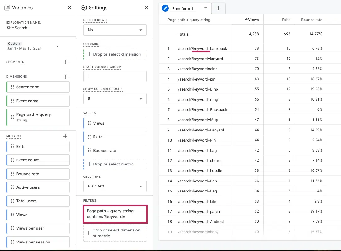 GA internal site search report - query parameter