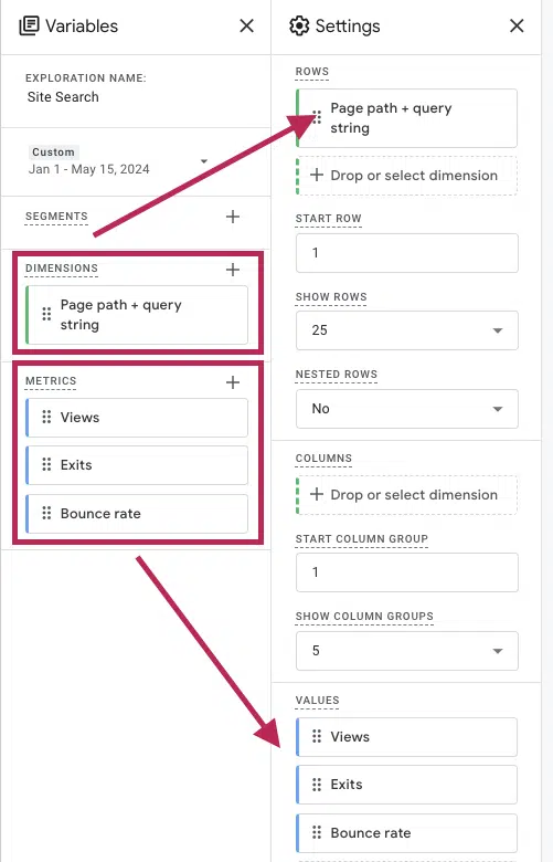 Setting up GA internal site search report