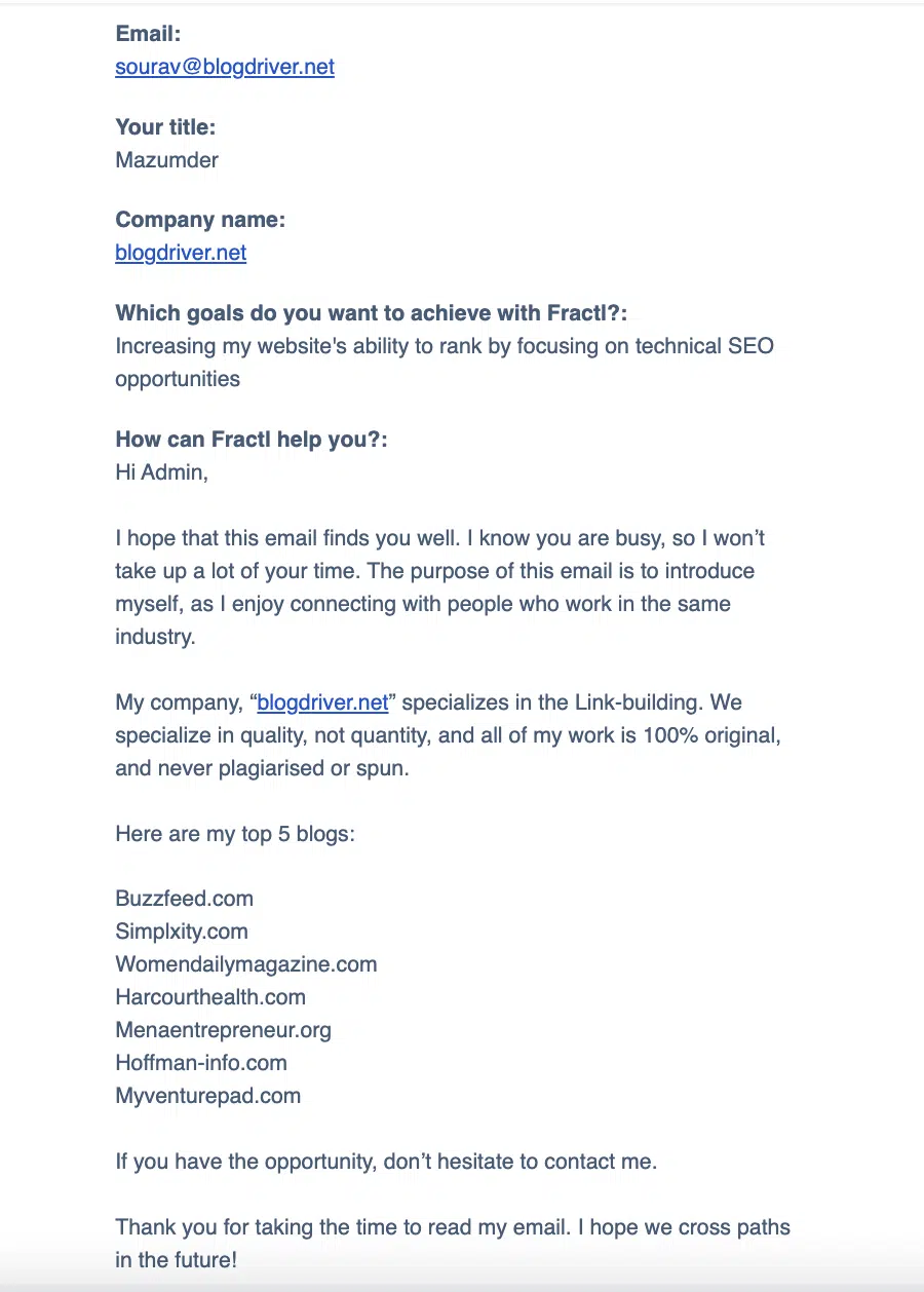 Sample spammy email pitch from link builder