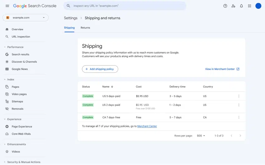Shipping And Returns Search Console