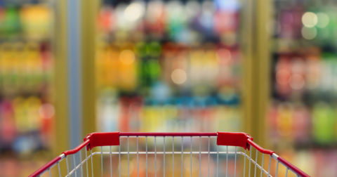 A shopping cart in a grocery store