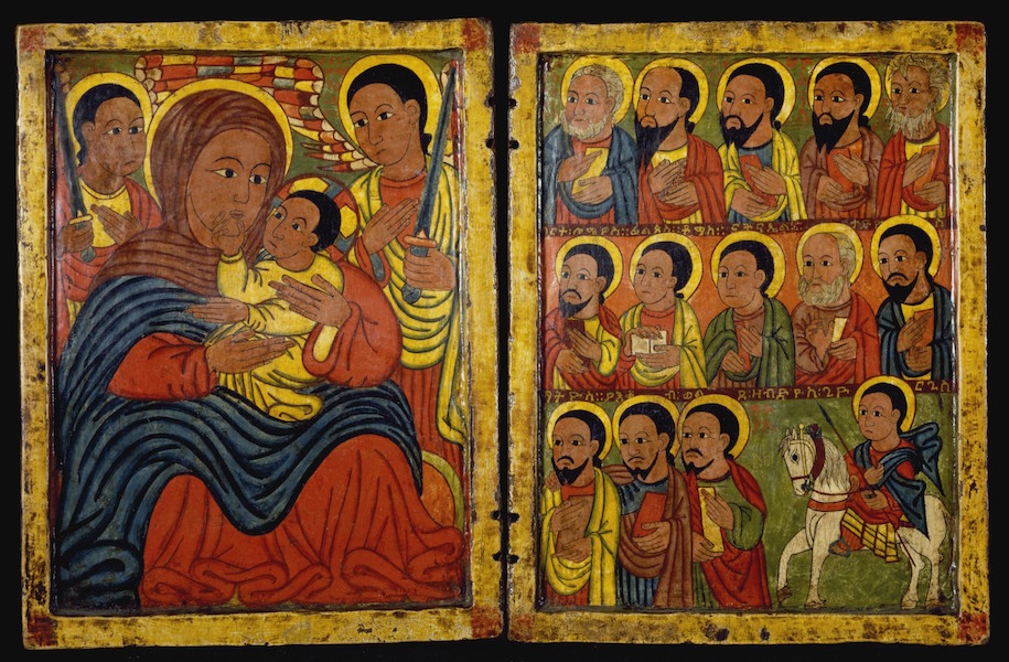 Follower of Fre Seyon, Diptych with Mary and Her Son Flanked by Archangels, Apostles and a Saint, Ethiopia, late 15th century, tempera on wood, left panel: 8 7/8 x 7 13/16 x 5/8 inches (The Walters Art Museum)