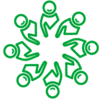 This is an image of a green icon, of eight people gathered in a circle