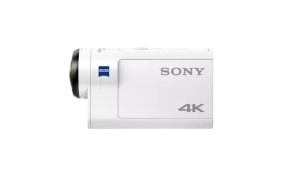 Angled view of white Sony FDR-X3000R 4K action cam