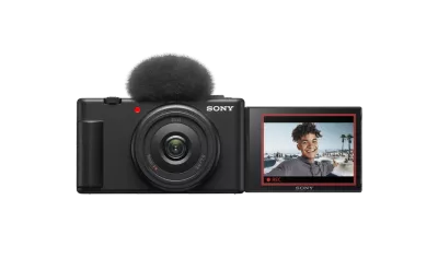 Front view of Sony ZV-1F vlog camera with flip screen