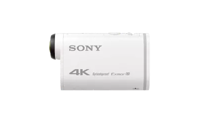 Angled view of white Sony FDR-X1000V action cam