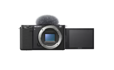 Front view of Sony ZV-E10 vlog camera with flip screen